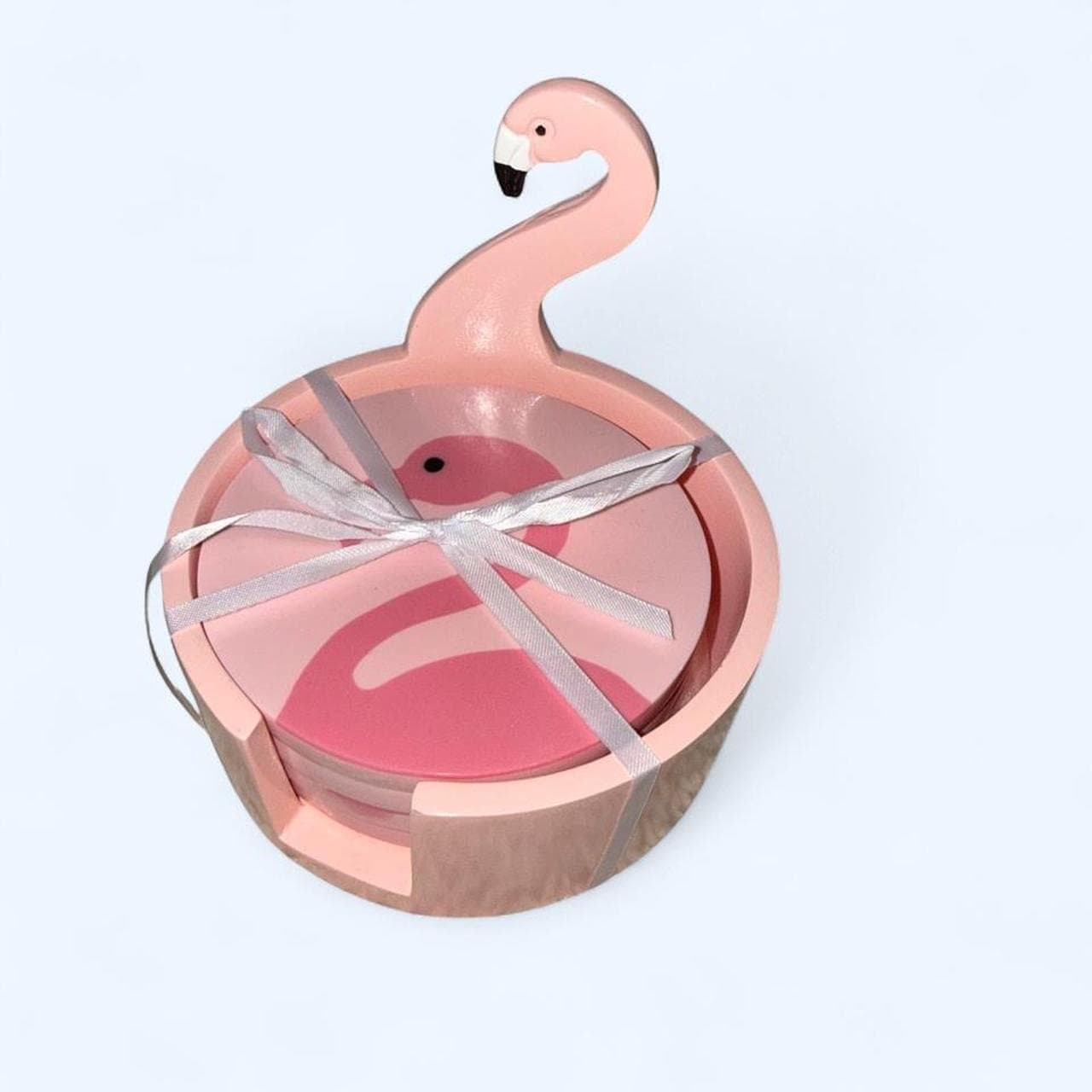 Pink flamingo coasters set with holder — never used