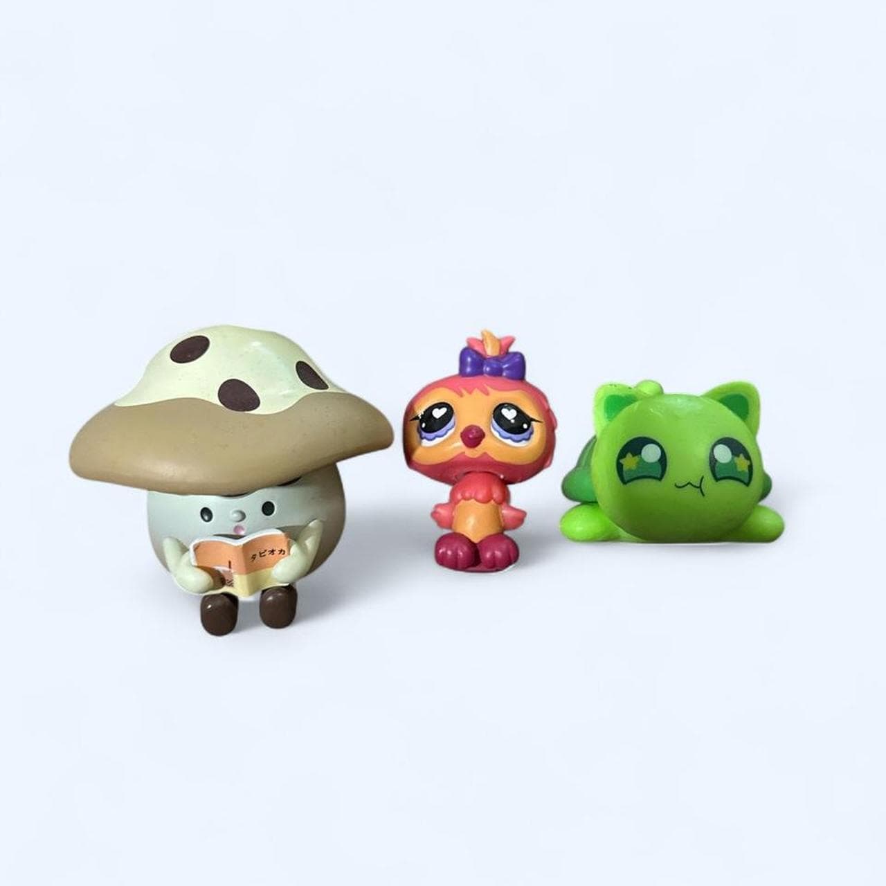 Set of 3 kawaii figures — turtle-cat, LPS & boba mushroom