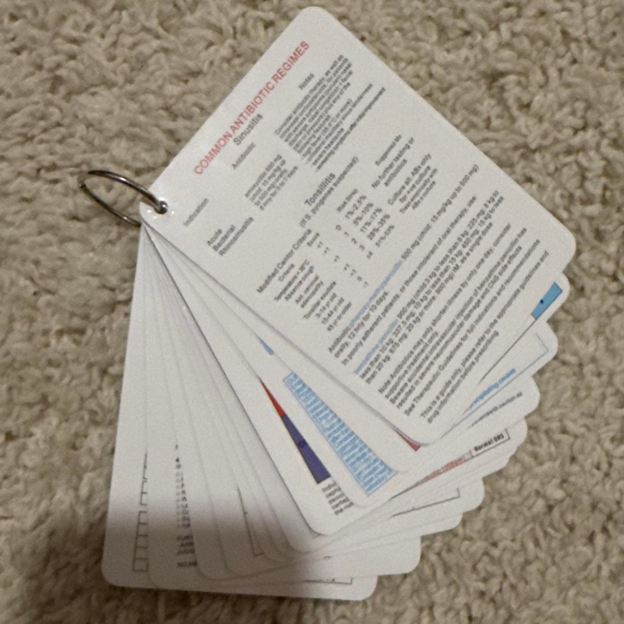 Medical study flashcards — common antibiotic regimes & dosages