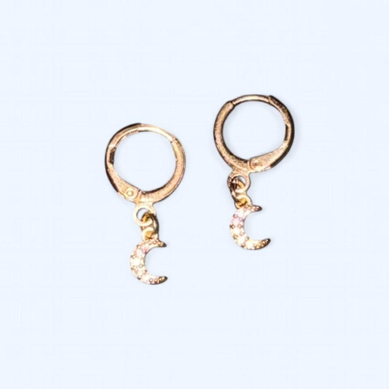 Gold crescent moon huggie earrings — handmade with crystals